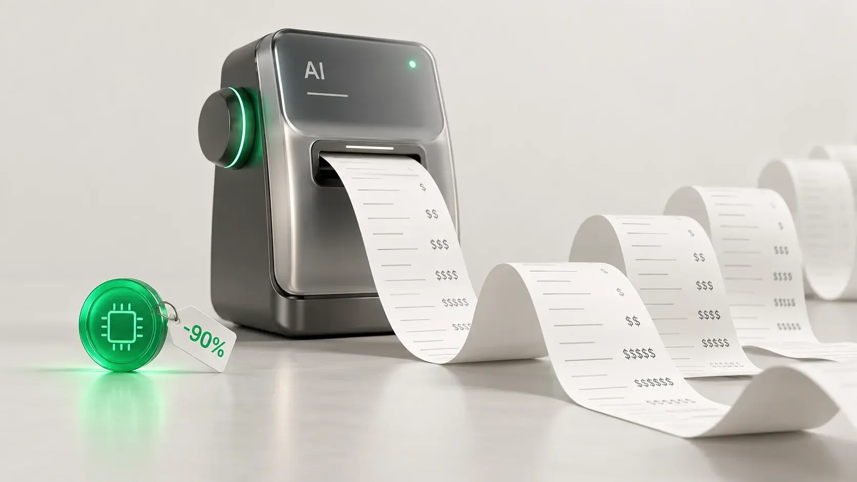 A small token tagged minus 90 percent beside an AI agent terminal printing a very long receipt