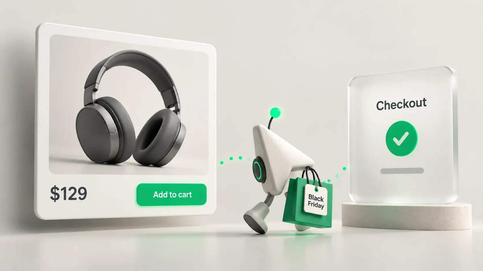 An AI shopping agent carrying a bag from a product page to the checkout, with a Black Friday tag