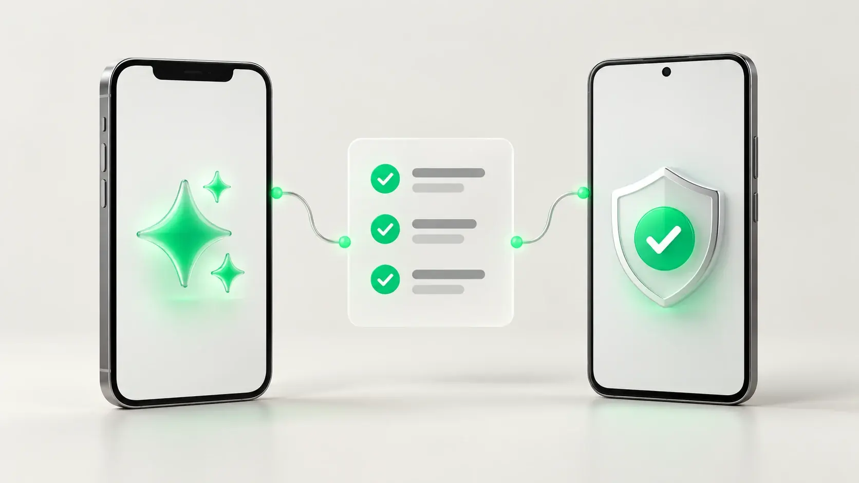 Two smartphones, one with an AI sparkle and one with a verified-developer badge, linked to a checklist